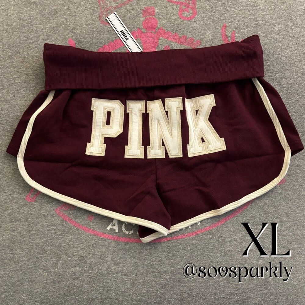 VS PINK Relaxed Fit Campus Terry Foldover Shorts Wild Rose Maroon XL